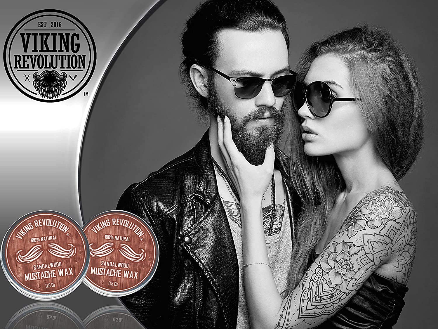 A stylish couple in sunglasses with Sandalwood Mustache Wax - 2 Pack for natural grooming displayed.