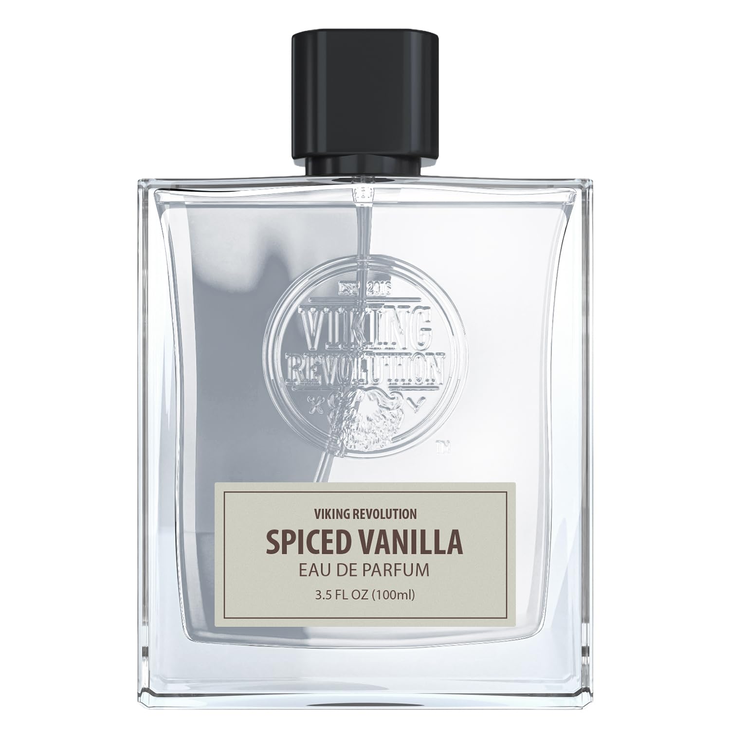 Clear glass bottle of Spiced Vanilla Perfume (3.5 fl oz), a bold masculine fragrance for men.