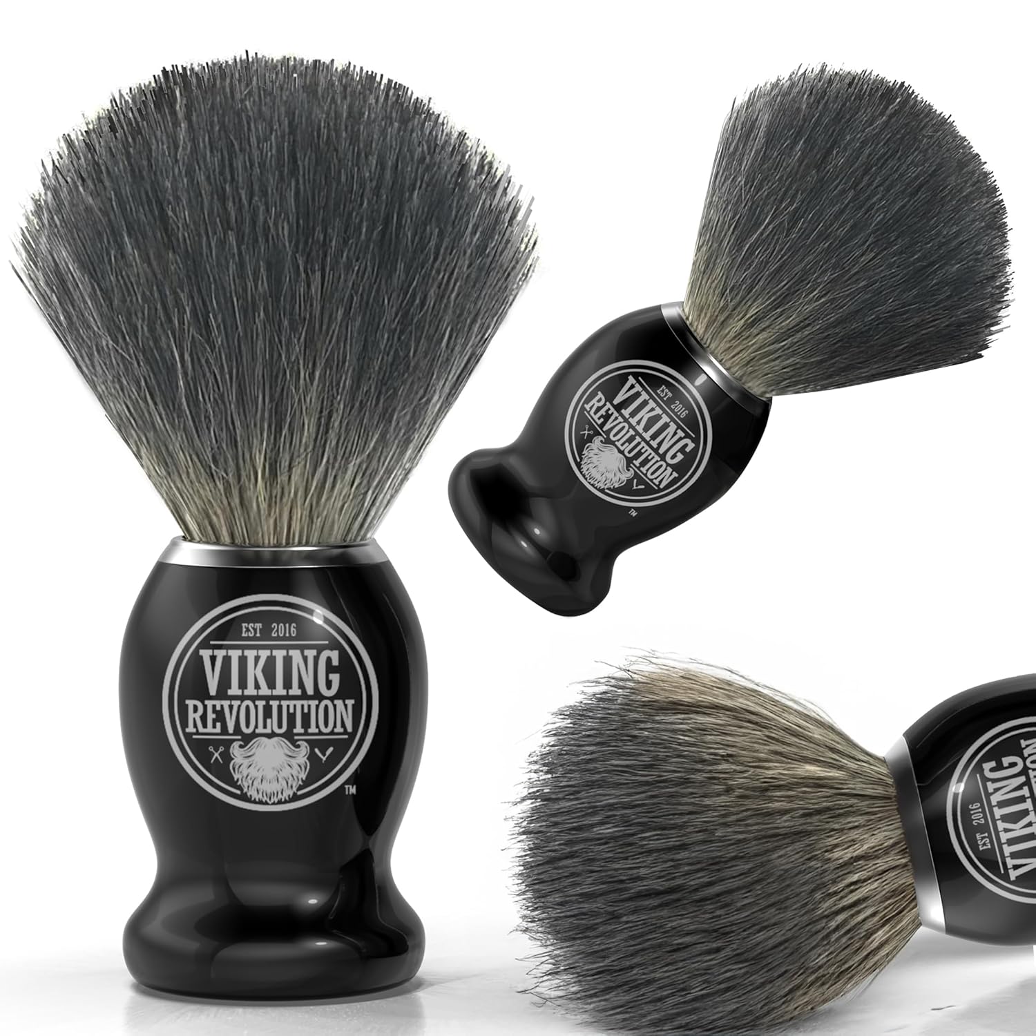 Three black-handled Badger Hair Shaving Brushes with dense, soft bristles on a white background.