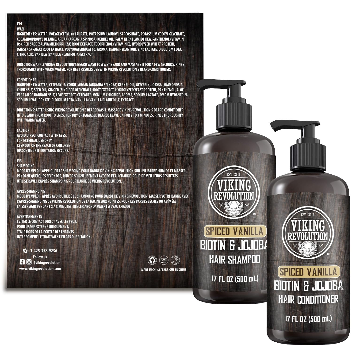 Two pump bottles of Beard Wash and Beard Conditioner Spiced Vanilla with product info behind them.
