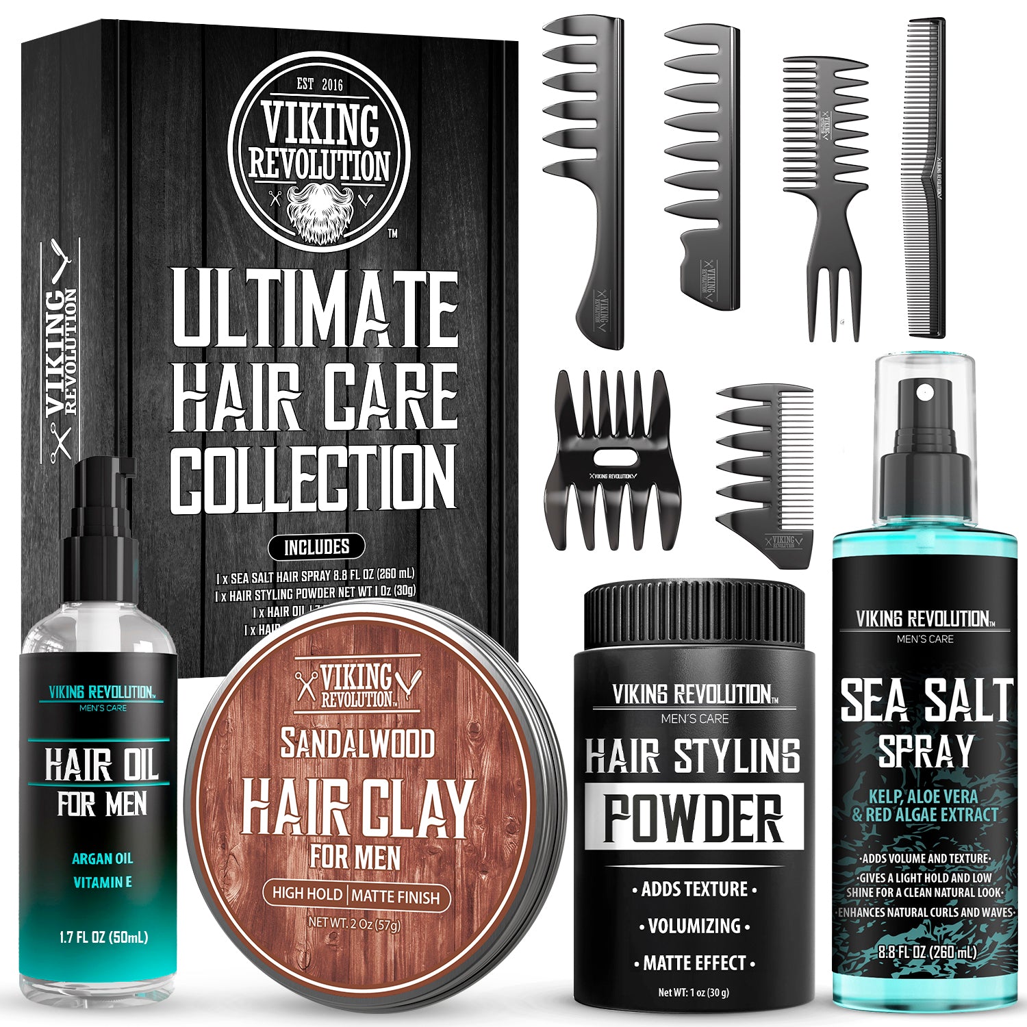 Ultimate Hair Care Kit with Sea Salt Spray, Texture Powder, Hair Clay, 6 combs & Hair Oil included.