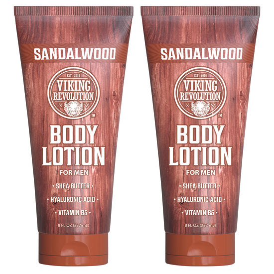 Two tubes of Body Lotion for Men - Sandalwood by Viking Revolution, 8 fl oz each, on a white background.