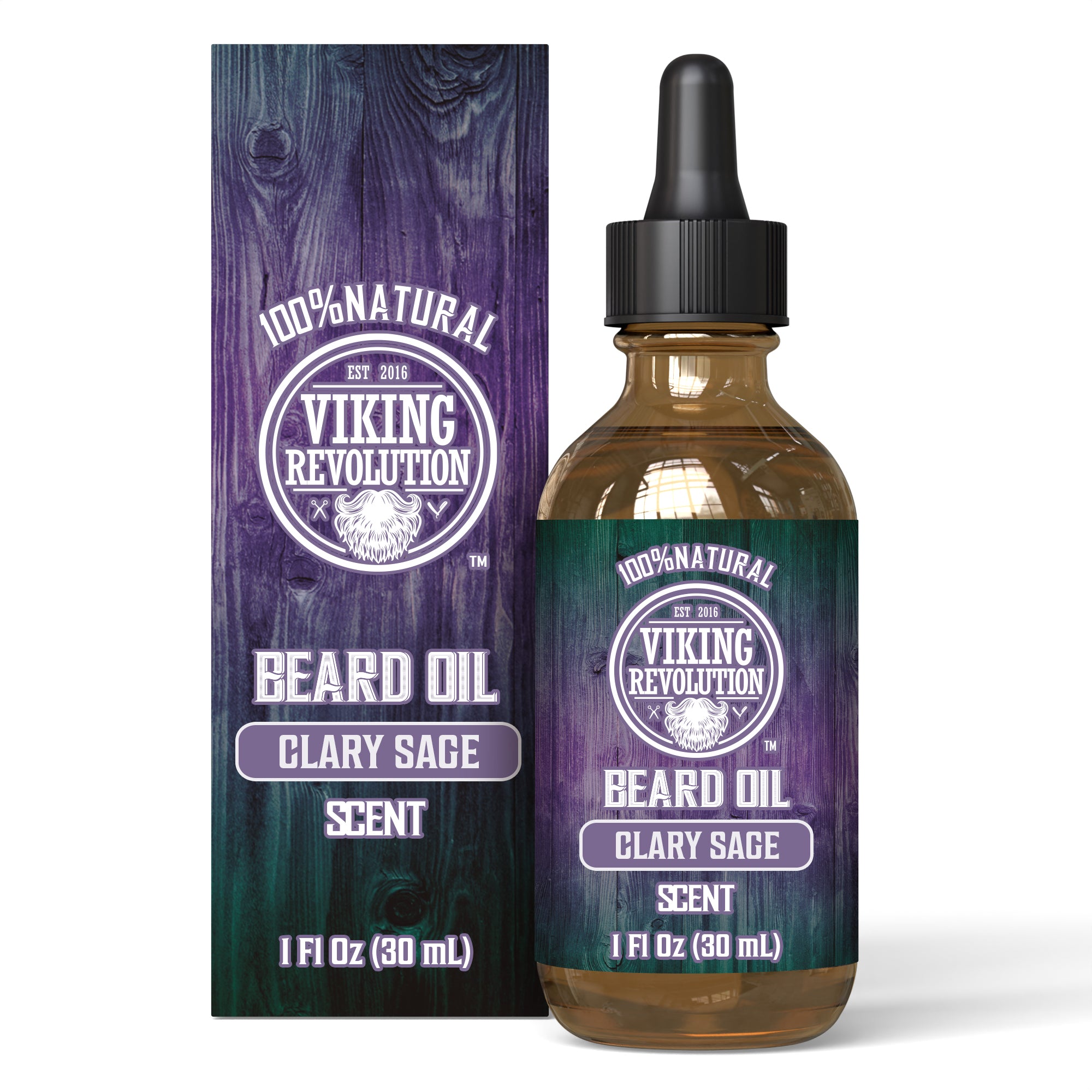 A bottle and box of Clary Sage Beard Oil, 1 fl oz (30 mL).
