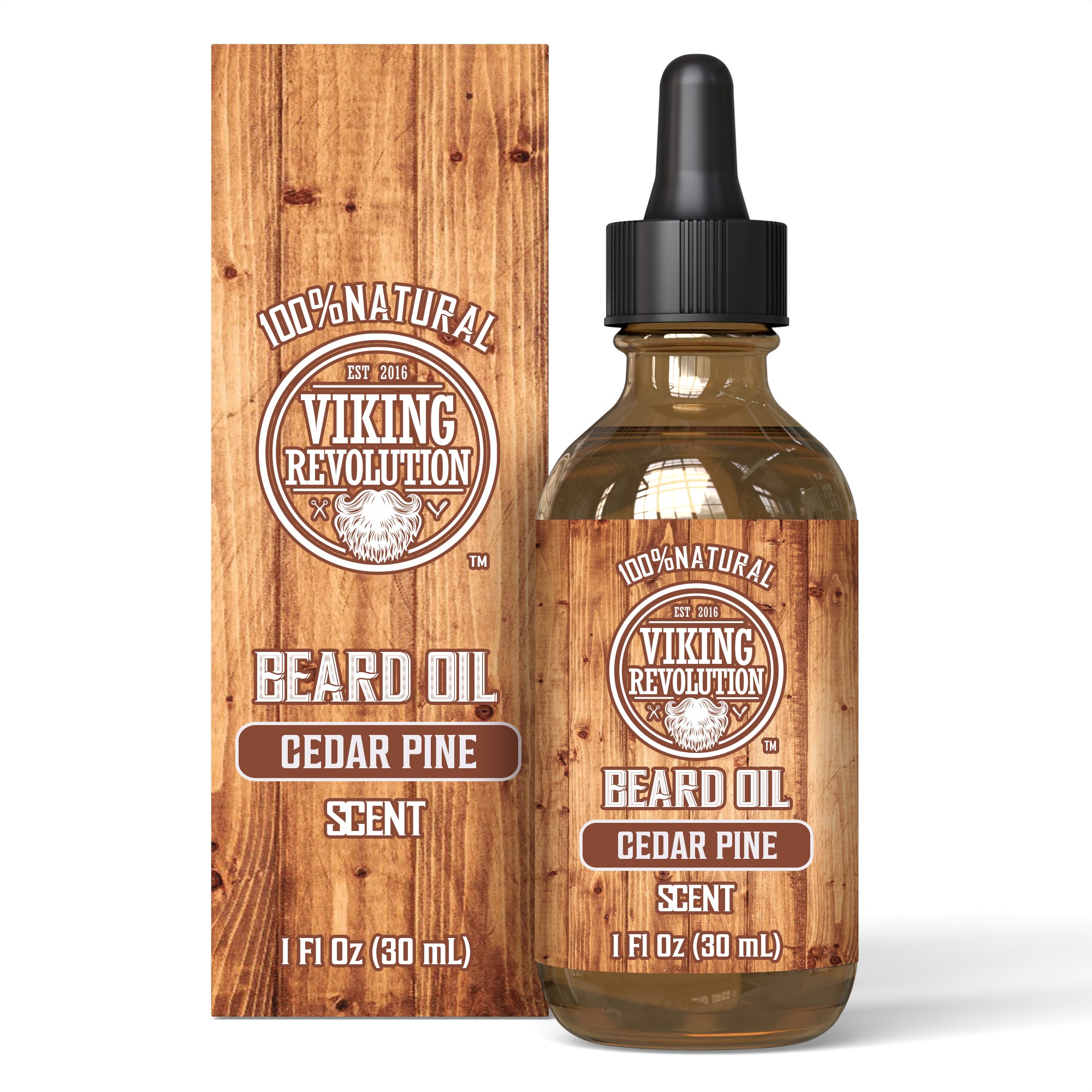 Viking Revolution Cedar & Pine Beard Oil in bottle and box, made with 100% natural organic argan oil.