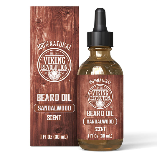 Bottle and box of Beard Oil 1 Pack - 1oz, ideal for beard care enthusiasts, labeled Viking Revolution Sandalwood..