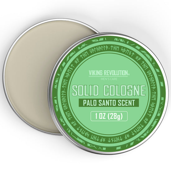 Round tin of Viking Revolution Solid Cologne, Sandalwood scent, a perfect mens gift with a manly fragrance.