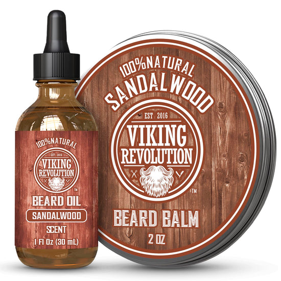 Viking Revolution set: Sandalwood Beard Balm (2oz) & Oil (1 fl oz) with natural ingredients in rustic packaging.