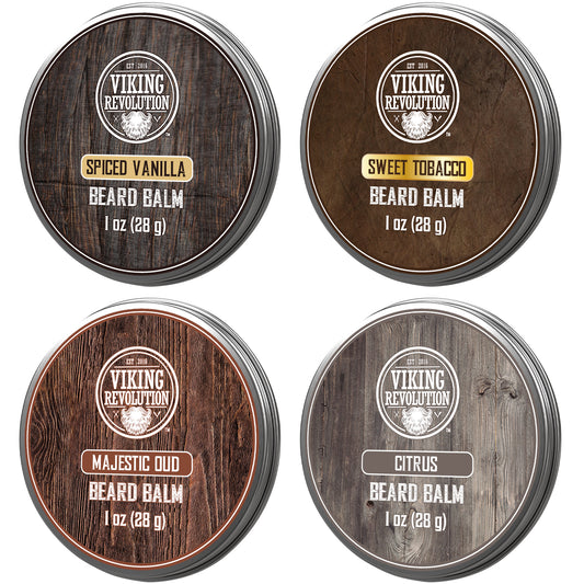 Four tins of the 4 Beard Balm Variety Pack: Spiced Vanilla, Sweet Tobacco, Majestic Oud, Citrus.