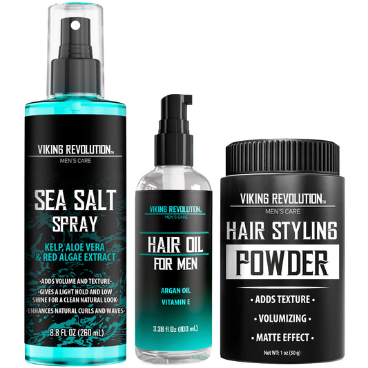 Three Viking Revolution products: Sea Salt Spray, Hydrating Hair Oil, and Styling Powder for perfect styling.