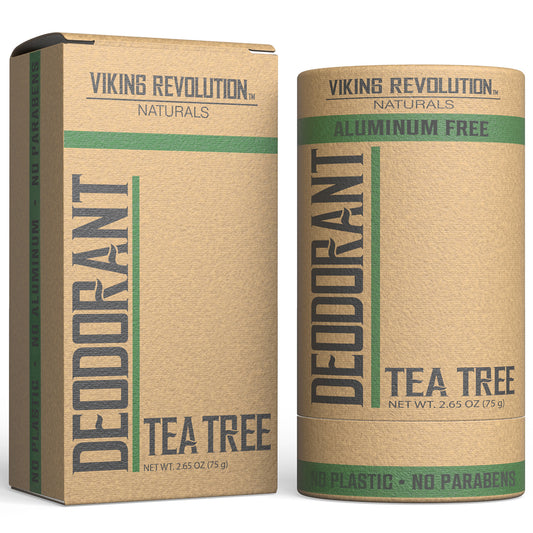 Natural Tea Tree deodorant, eco-friendly and aluminum-free, in cardboard packaging.