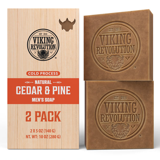 Two brown soaps with a Viking logo in a box labeled Cedarwood and Pine Natural Soap for Men 2 Pack.