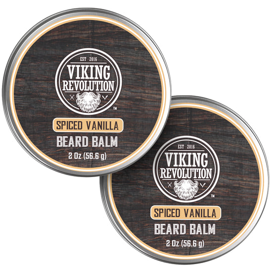 Two 2oz tins of Spiced Vanilla Beard Balm on a white background.