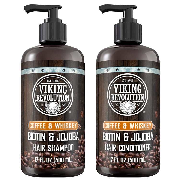 Two bottles of Coffee & Whiskey Hair Shampoo and Conditioner Set - 17 Oz for thinning hair.