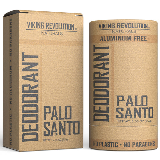 Two cardboard tubes of Viking Revolution Deodorant - Palo Santo for men, labeled aluminum and plastic-free.