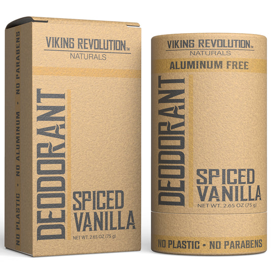 Two cardboard tubes of Viking Revolutions Spiced Vanilla natural mens deodorant, free of aluminum.