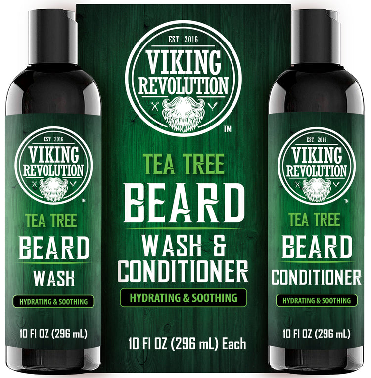 Two bottles of Tea Tree Beard Wash & Conditioner 17oz with natural ingredients against a green background.