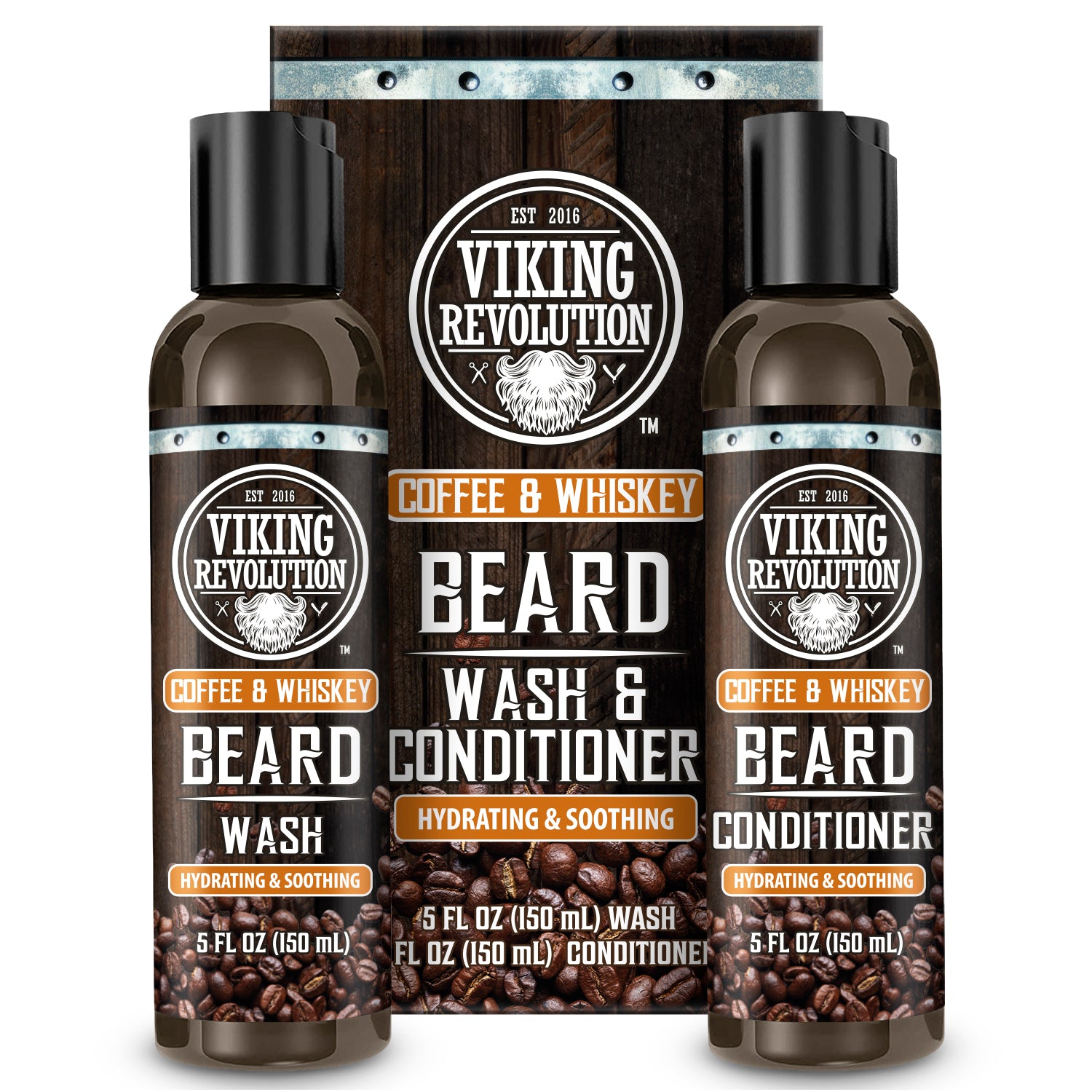 Two bottles of Coffee & Whiskey Beard Wash & Conditioner Set 5oz for healthy skin.