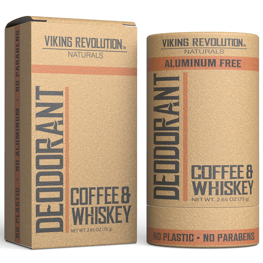 Two Viking Revolution Coffee and Whiskey deodorant sticks, aluminum-free.