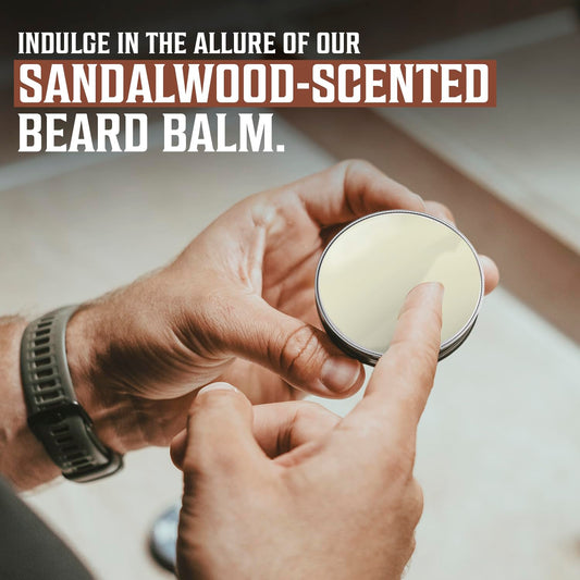 Hands opening Sandalwood Beard Balm for Men to tame facial hair; promotional text above.