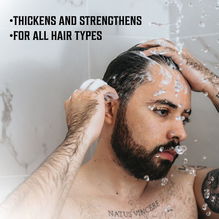 Washing hair in shower: Coffee & Whiskey Shampoo and Conditioner Set thickens and strengthens all hair types.