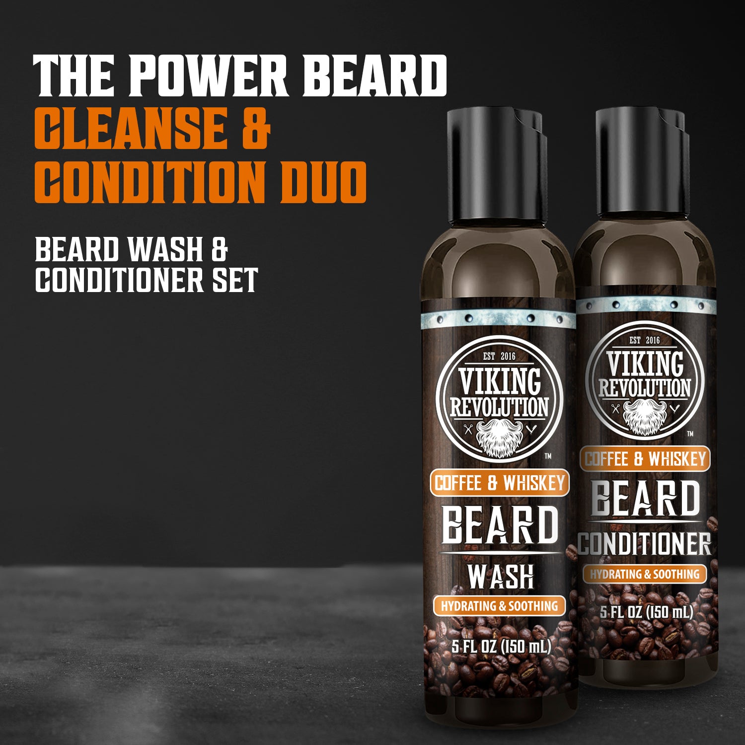 Two Coffee & Whiskey Beard Wash & Conditioner sets (5oz) with natural ingredients on a dark background.