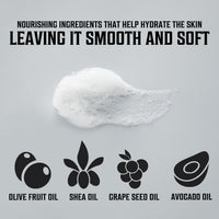 Shaving Soap 4 Pack foam features icons for essential oils: olive fruit, shea, grape seed, and avocado.