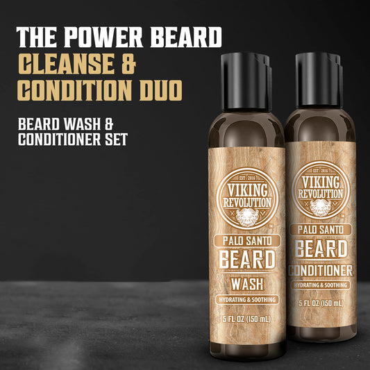 Two Palo Santo Beard Wash & Conditioner bottles, 5oz, enriched with all-natural ingredients on a dark background.