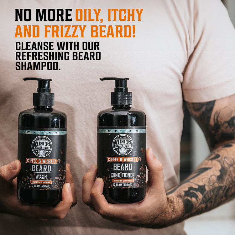 Person promoting Coffee & Whiskey Beard Wash and Conditioner Set, 17 Oz, for anti-frizz and beard growth.