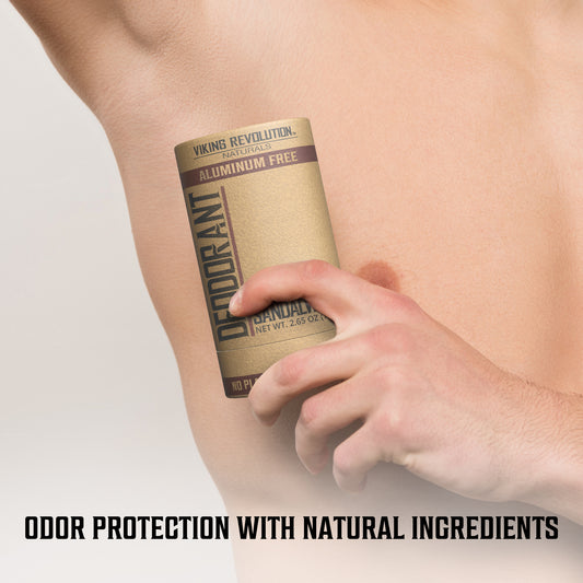 Person applies Deodorant - Sandalwood to underarm. Text: Natural Ingredient Odor Protection.