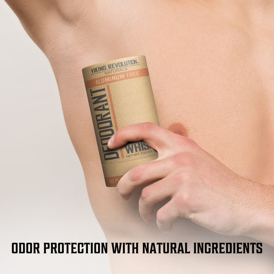 Applying Coffee and Whiskey deodorant stick; text reads Odor protection with natural ingredients.