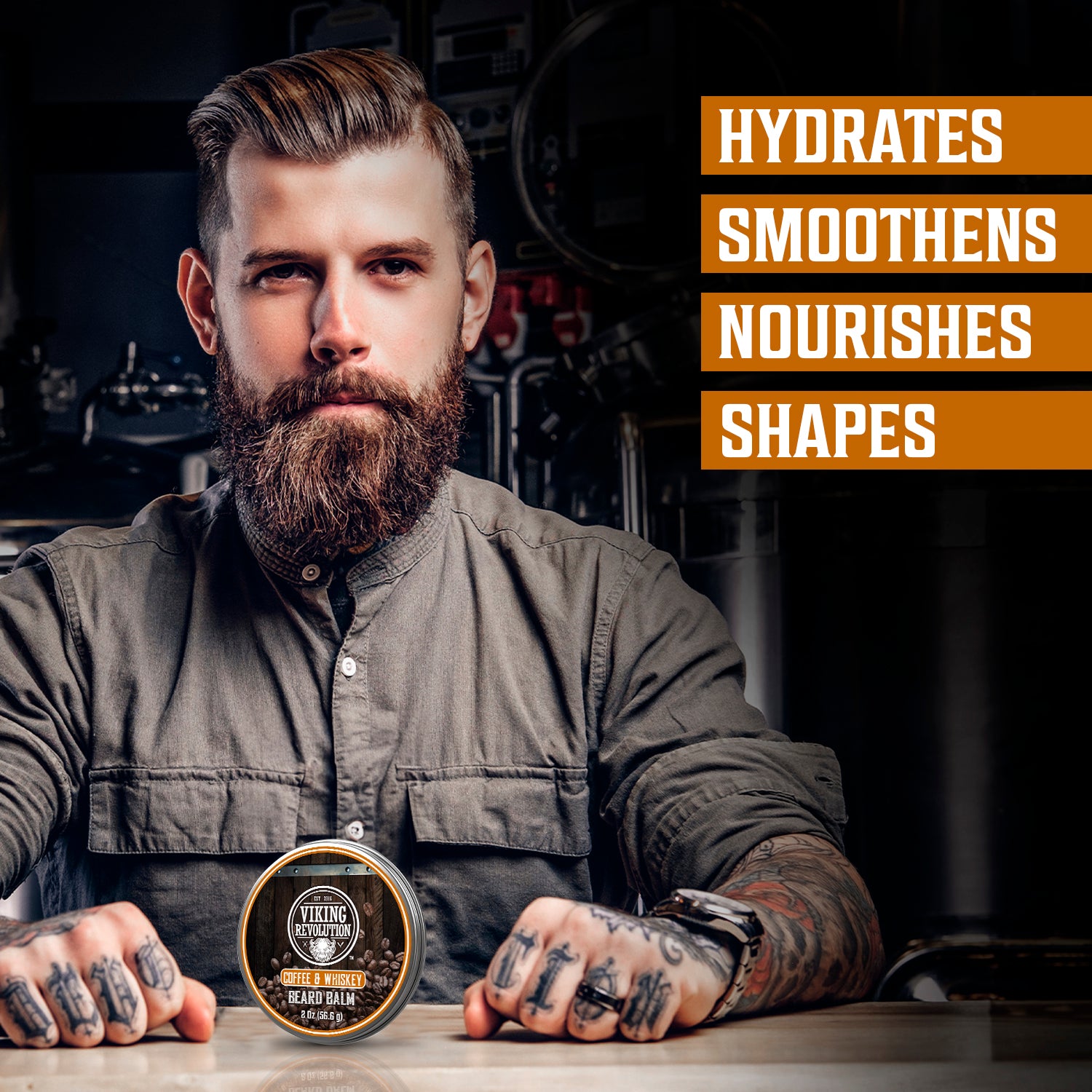 Man with a beard at a table with Coffee & Whiskey Beard Balm, surrounded by hydrates, smoothens, nourishes, shapes.