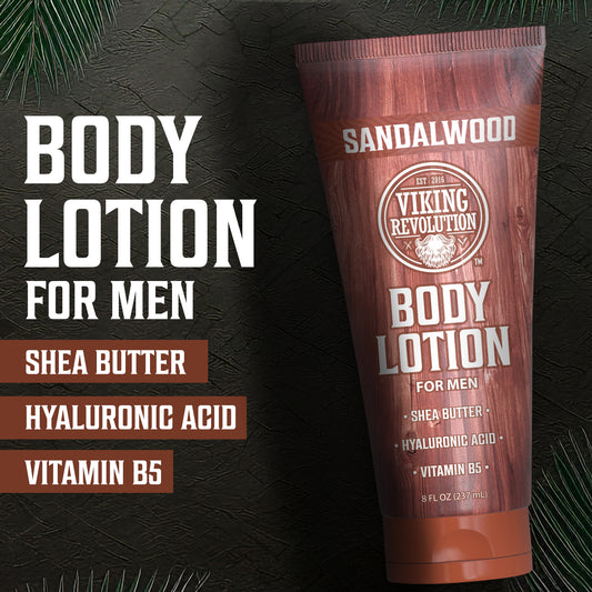 Mens Body Lotion - Sandalwood: Features shea butter, hyaluronic acid, and vitamin B5 for dry skin.