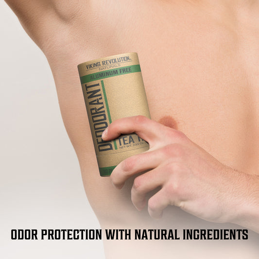 Person applies Deodorant - Tea Tree; caption: Odor Protection with Natural Ingredients: Aluminum-Free.