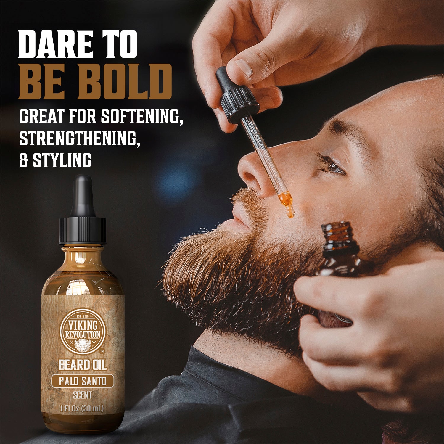 Man getting beard oil applied; text reads Dare to be bold with Palo Santo Beard Oil.