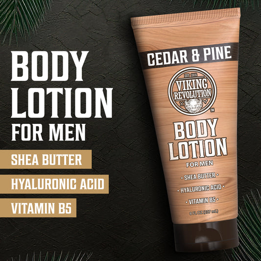 Cedar and Pine mens lotion on a dark backdrop, emphasizing shea butter, vitamin B5, and hydration.