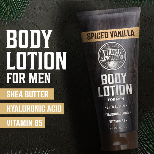 The Spiced Vanilla Body Lotion for Men by Viking Revolution comes in a dark brown tube with labeled ingredients.