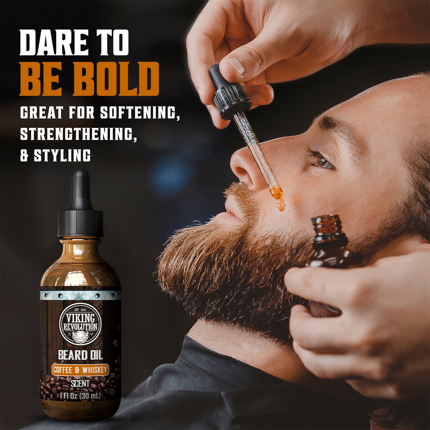 Man using Coffee & Whiskey Beard Oil for hydration and beard management benefits.