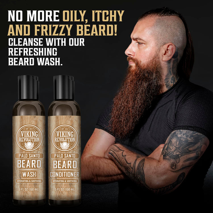 Tattooed man with a long beard stands by Palo Santo Beard Wash & Conditioner, highlighting its natural ingredients.