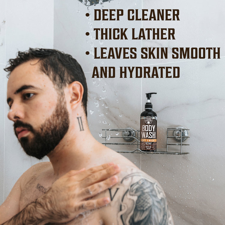 Man showering with Coffee & Whiskey Body Wash; it deep cleans, lathers thickly, and leaves skin smooth and hydrated.