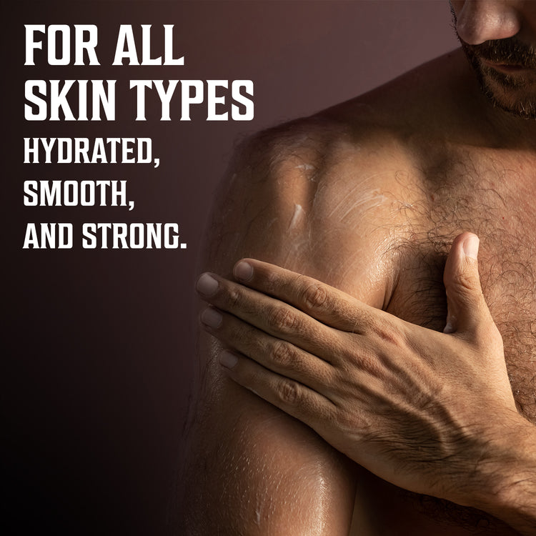 Man using Body Lotion for Men - Sandalwood: All skin types. Hydrated, Smooth, Strong.