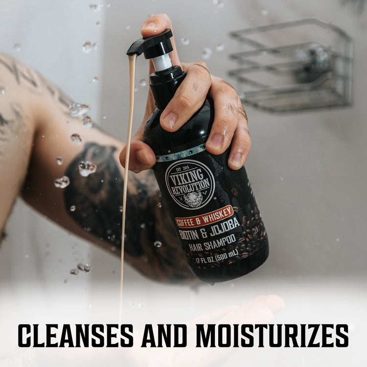 Person using Coffee & Whiskey Shampoo, text reads Cleanses and Moisturizes.