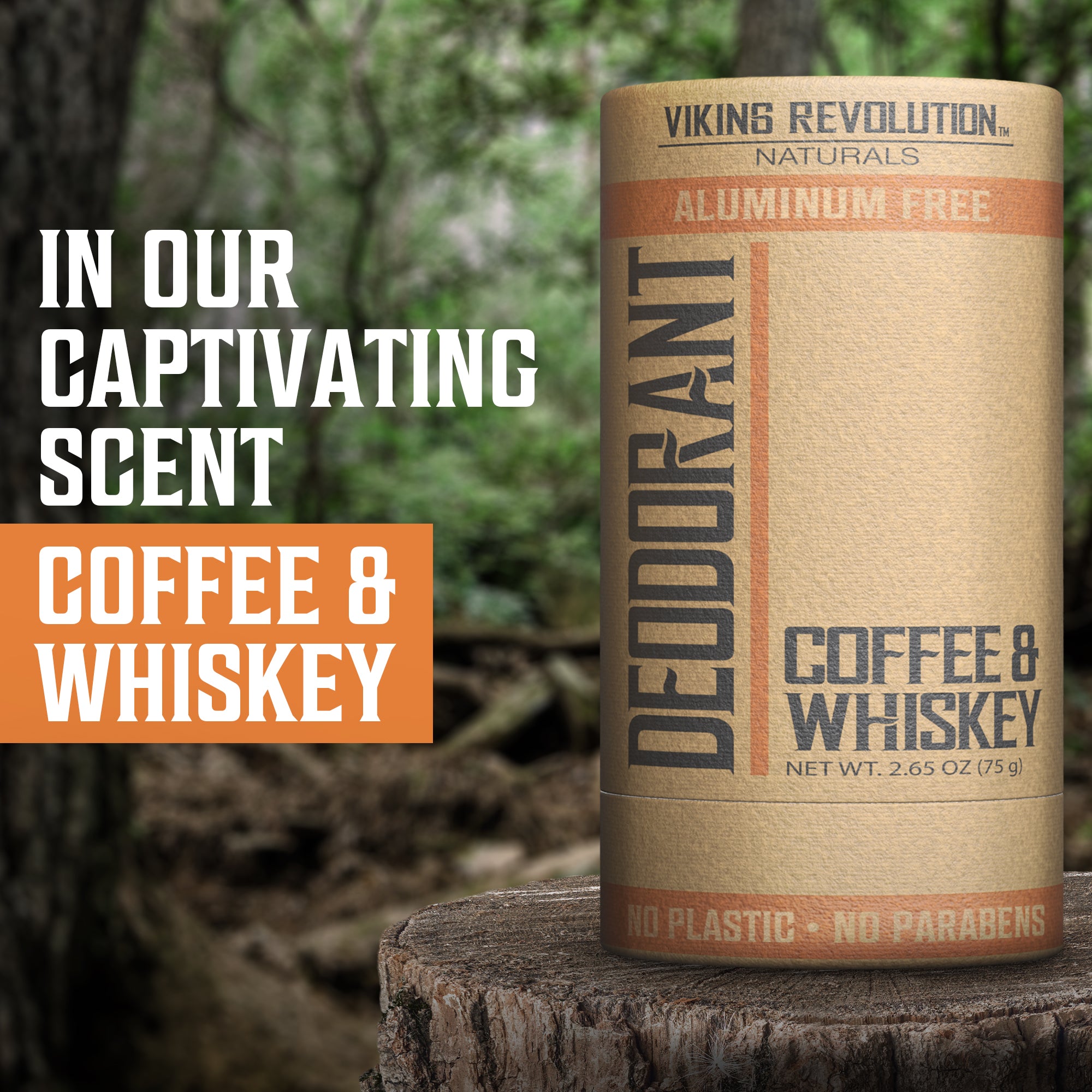 Deodorant - Coffee and Whiskey sits on a tree stump in the forest setting.