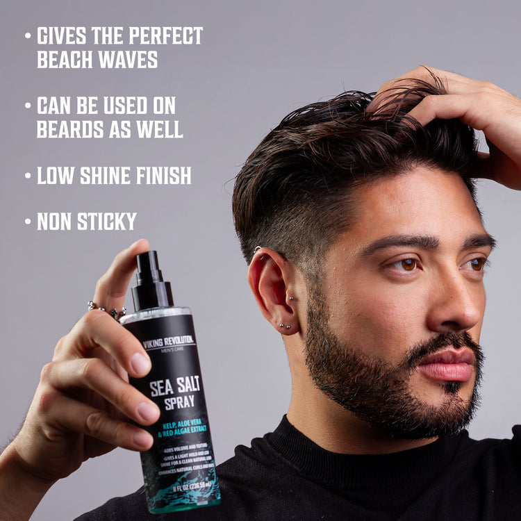 Man using Sea Salt Spray for styled hair, showcasing Hair Styling Powder benefits.