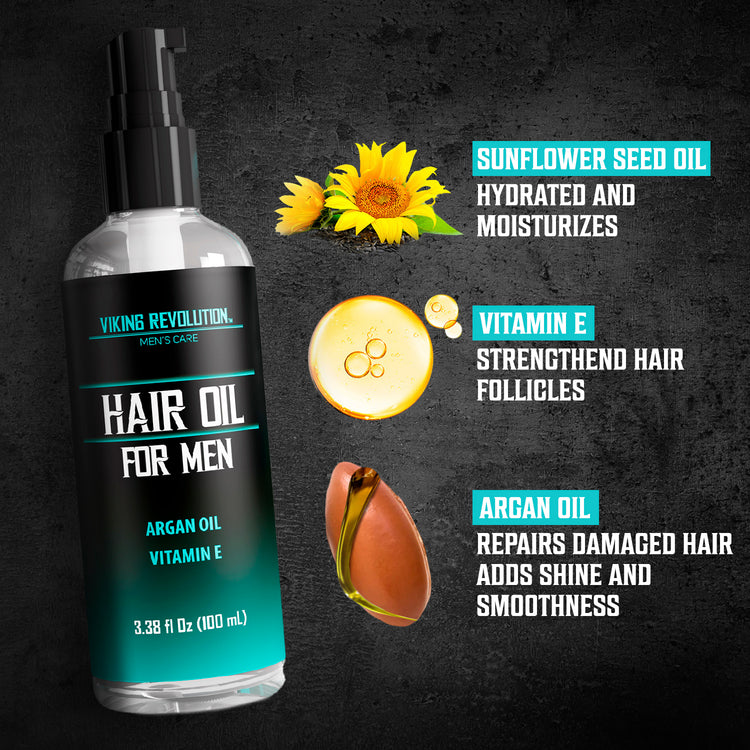 Hydrating Hair Oil (3.38fl oz) with vitamin E on a dark background.