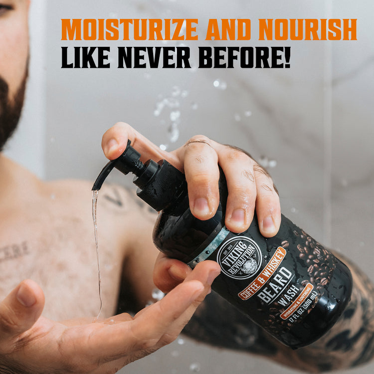 Man uses Coffee & Whiskey Beard Wash and Conditioner for moisturizing beard care; splashes water.