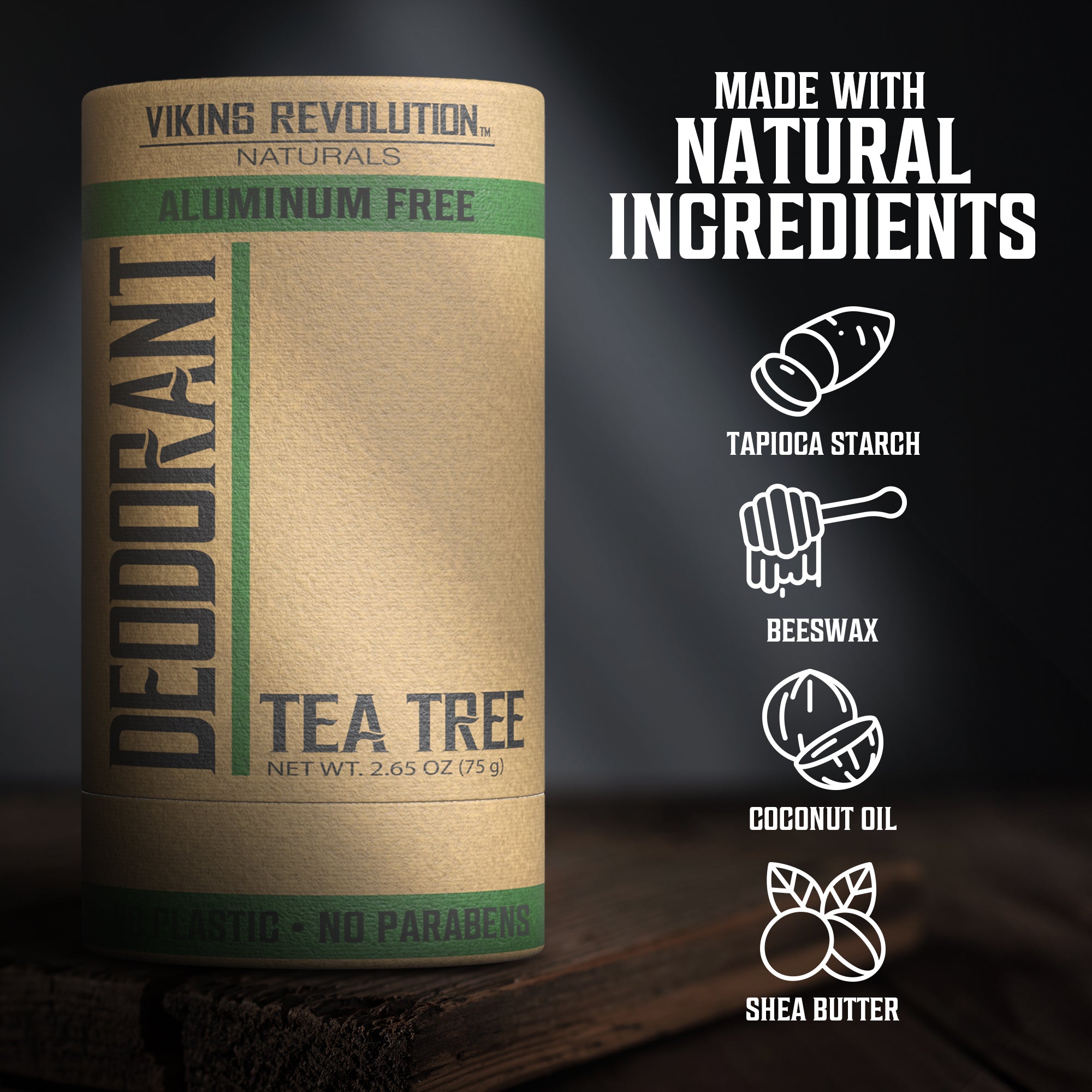 Viking Revolutions Deodorant - Tea Tree is aluminum-free and uses natural ingredients like tapioca.