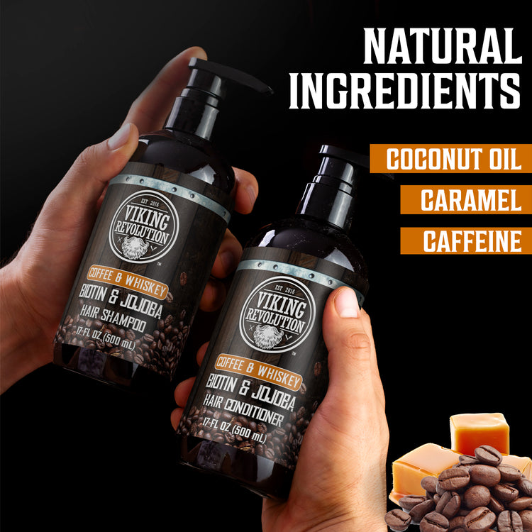 Two hands hold Coffee & Whiskey Hair Shampoo and Conditioner Set with text about natural ingredients.