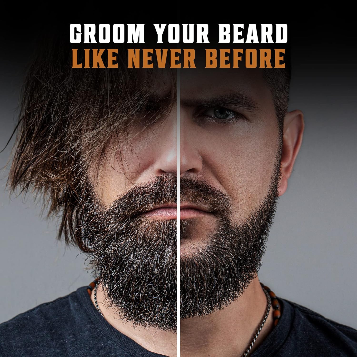 Split image of unruly vs neat beard, bold text above: Beard Care Kit - Coffee & Whiskey transformation.