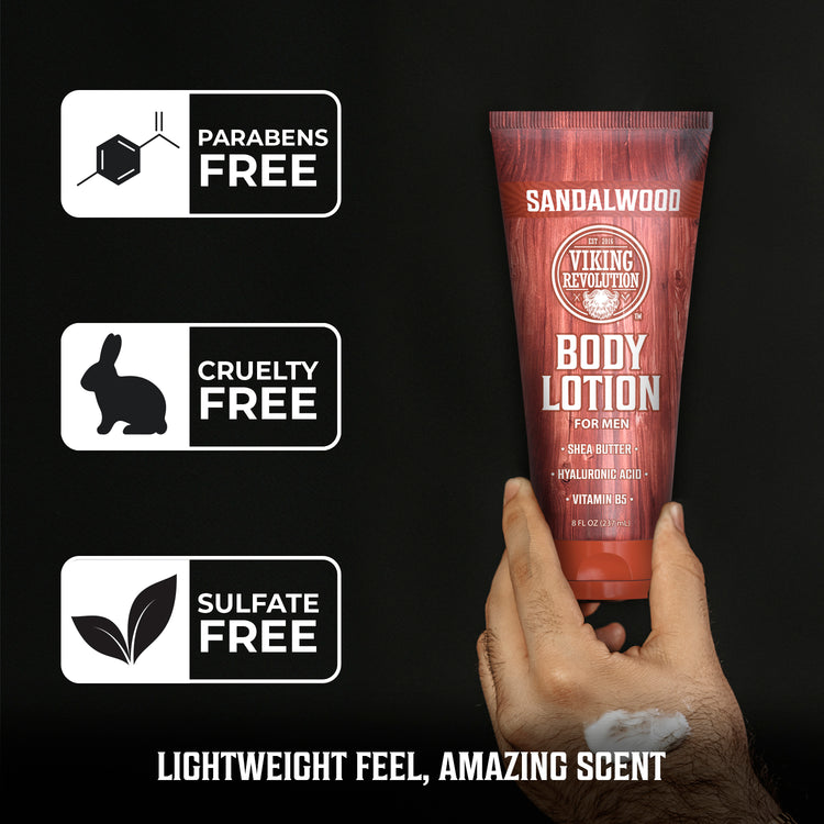 Holding Body Lotion for Men - Sandalwood, labeled cruelty-free, paraben-free, sulfate-free.