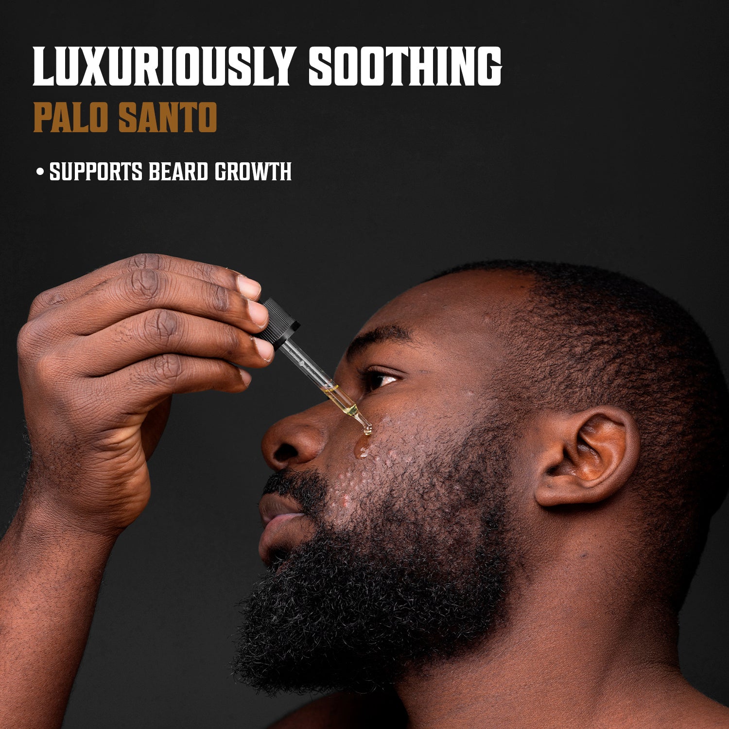 Man applying Palo Santo Beard Oil with dropper; text reads Luxuriously Soothing, Locks in Hydration.